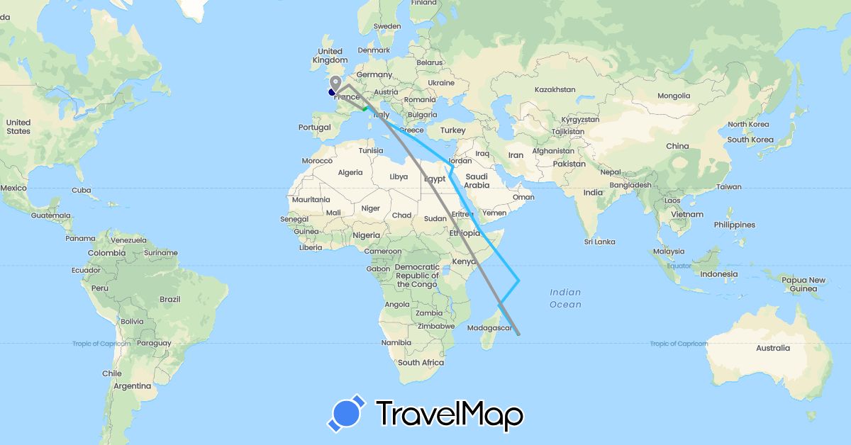 TravelMap itinerary: driving, bus, plane, boat in Djibouti, Egypt, France, Israel, Italy, Madagascar, Réunion, Seychelles (Africa, Asia, Europe)